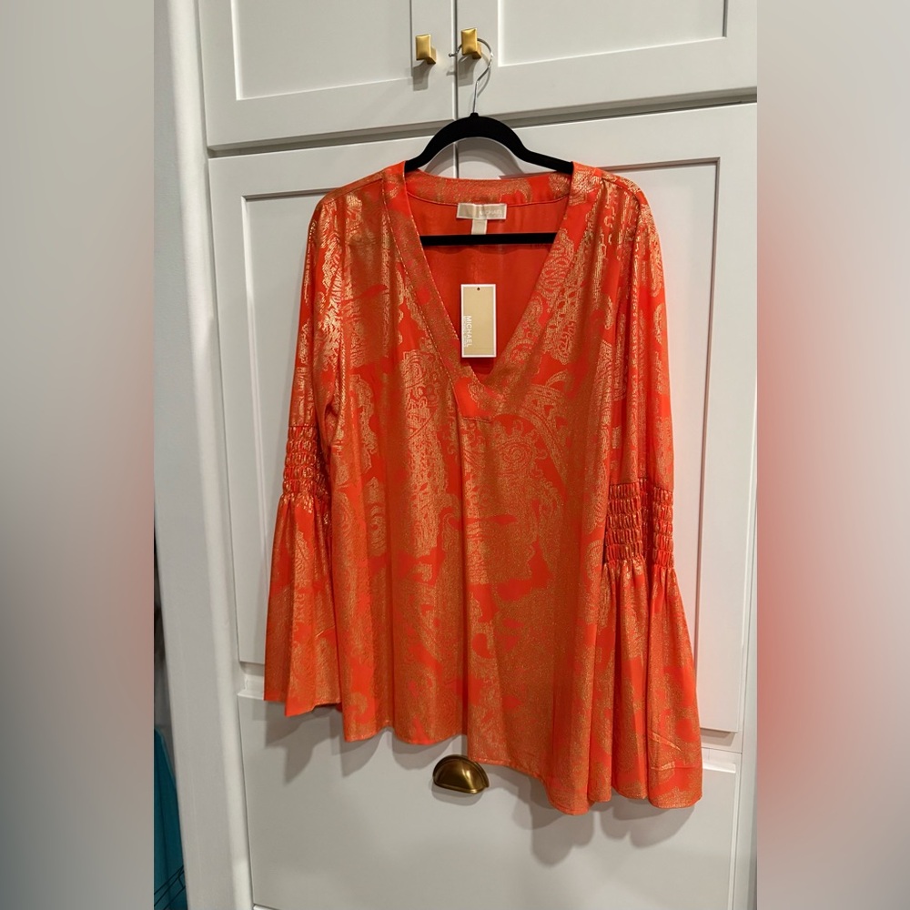 NWT Michael Kors Orange Blouse w/ Elegant Bell Sleeves size XL & gold thread